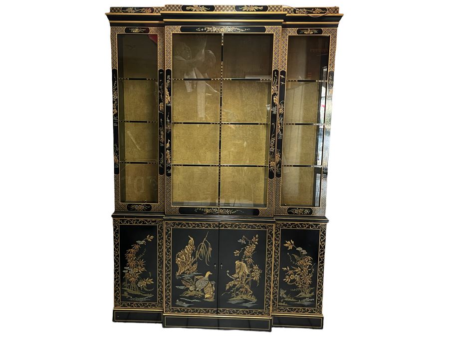Black And Gold Chinoiserie Display China Cabinet 55W X 16D X 80H