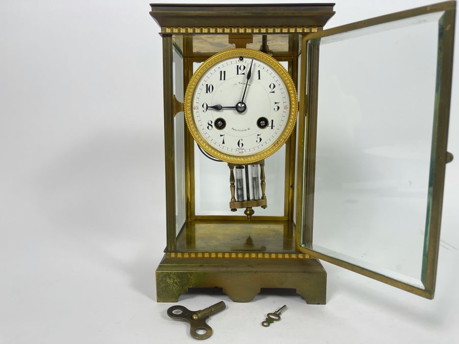 JUST ADDED - Antique French Movement Table Regulator Mantel Clock Tilden Thurber Providence R.I. Glided Brass And Glass Case Working With Keys 6W X 4.5D X 10H [Photo 4]