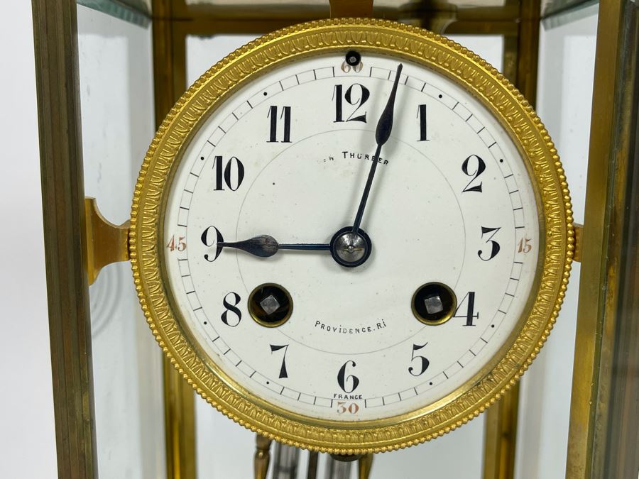JUST ADDED - Antique French Movement Table Regulator Mantel Clock Tilden Thurber Providence R.I. Glided Brass And Glass Case Working With Keys 6W X 4.5D X 10H [Photo 6]