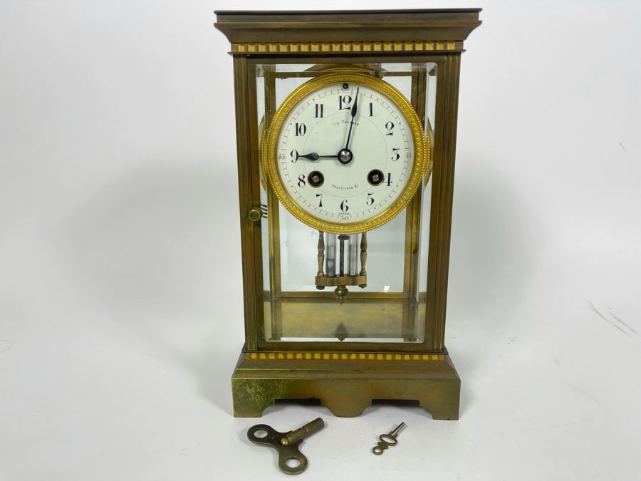 JUST ADDED - Antique French Movement Table Regulator Mantel Clock Tilden Thurber Providence R.I. Glided Brass And Glass Case Working With Keys 6W X 4.5D X 10H [Photo 3]