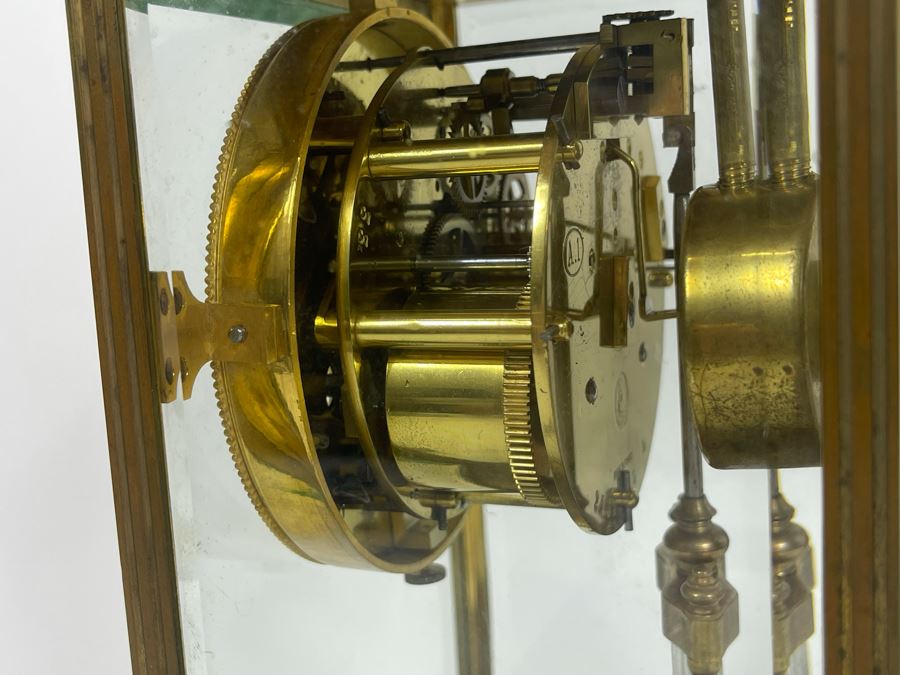 JUST ADDED - Antique French Movement Table Regulator Mantel Clock Tilden Thurber Providence R.I. Glided Brass And Glass Case Working With Keys 6W X 4.5D X 10H [Photo 15]