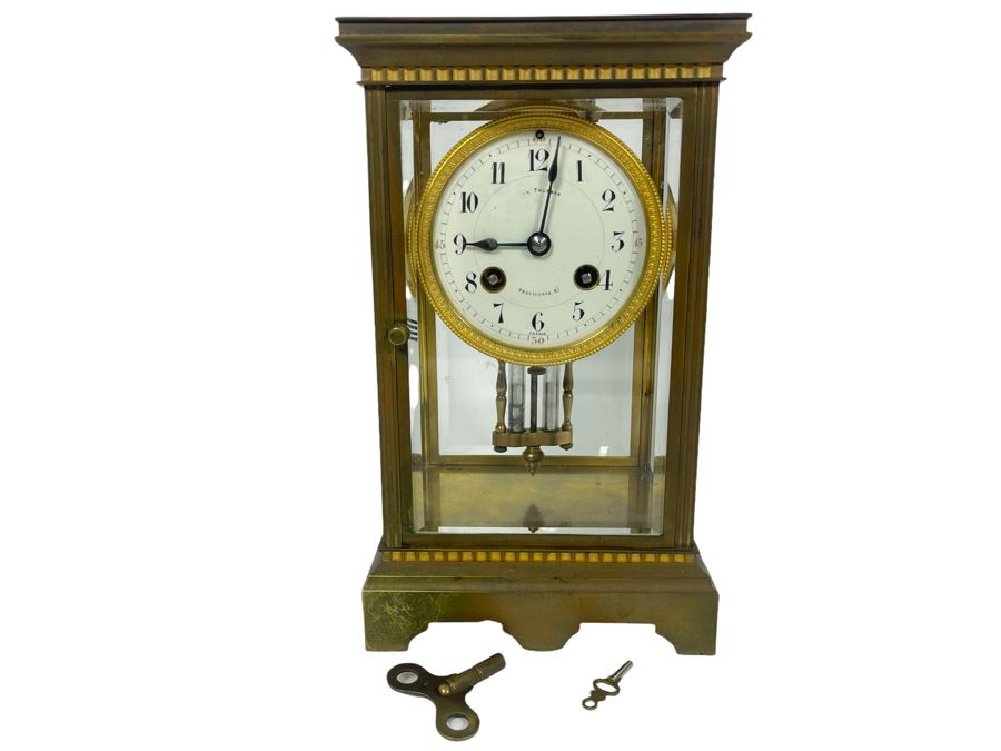 JUST ADDED - Antique French Movement Table Regulator Mantel Clock Tilden Thurber Providence R.I. Glided Brass And Glass Case Working With Keys 6W X 4.5D X 10H [Photo 2]