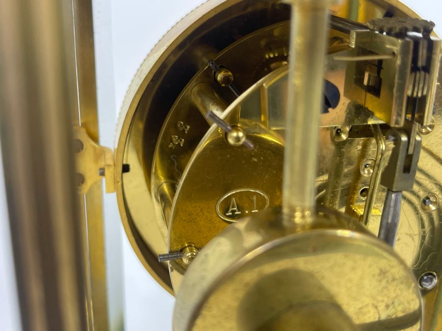 JUST ADDED - Antique French Movement Table Regulator Mantel Clock Tilden Thurber Providence R.I. Glided Brass And Glass Case Working With Keys 6W X 4.5D X 10H [Photo 19]