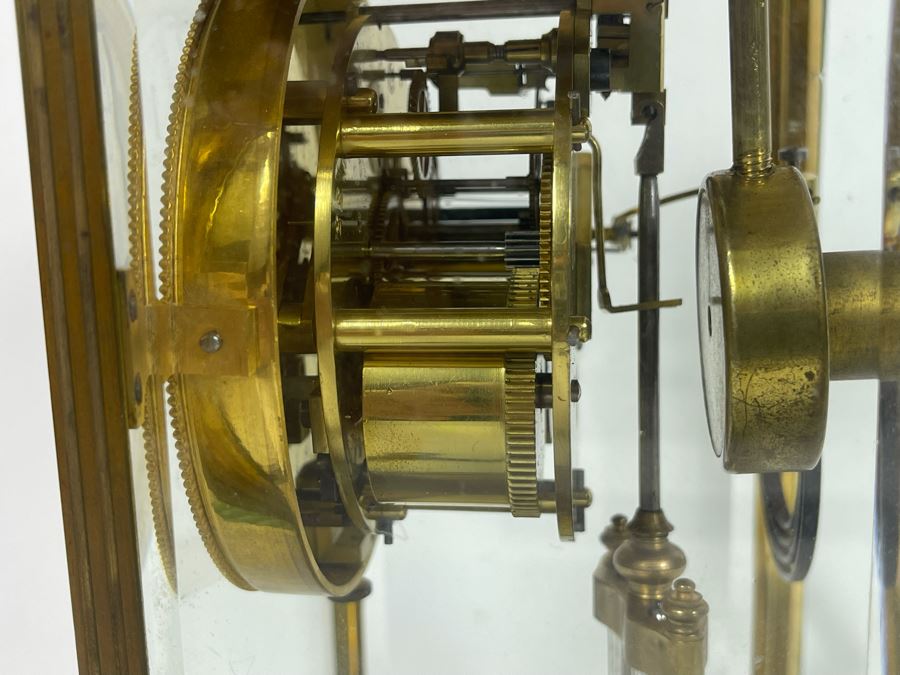 JUST ADDED - Antique French Movement Table Regulator Mantel Clock Tilden Thurber Providence R.I. Glided Brass And Glass Case Working With Keys 6W X 4.5D X 10H [Photo 14]