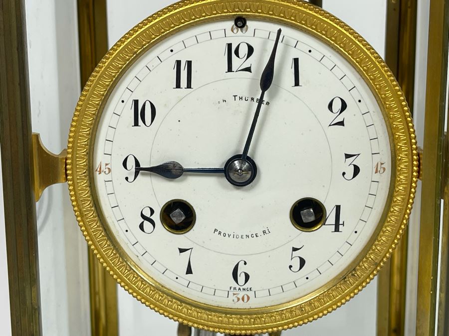 JUST ADDED - Antique French Movement Table Regulator Mantel Clock Tilden Thurber Providence R.I. Glided Brass And Glass Case Working With Keys 6W X 4.5D X 10H [Photo 8]