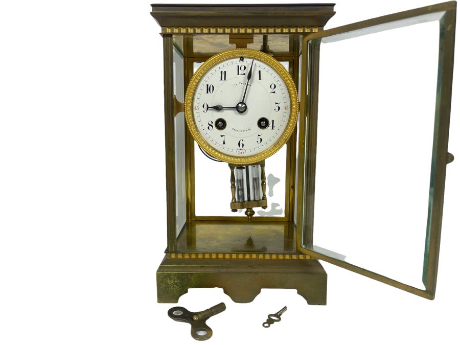 JUST ADDED - Antique French Movement Table Regulator Mantel Clock Tilden Thurber Providence R.I. Glided Brass And Glass Case Working With Keys 6W X 4.5D X 10H