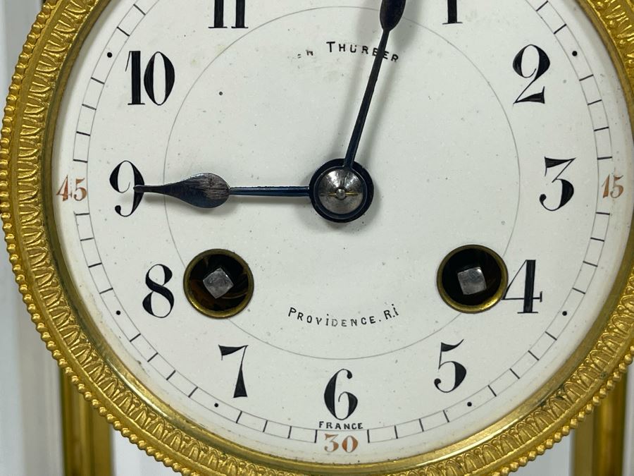 JUST ADDED - Antique French Movement Table Regulator Mantel Clock Tilden Thurber Providence R.I. Glided Brass And Glass Case Working With Keys 6W X 4.5D X 10H [Photo 7]