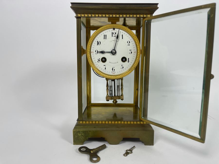JUST ADDED - Antique French Movement Table Regulator Mantel Clock Tilden Thurber Providence R.I. Glided Brass And Glass Case Working With Keys 6W X 4.5D X 10H [Photo 5]