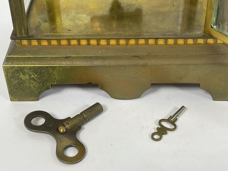 JUST ADDED - Antique French Movement Table Regulator Mantel Clock Tilden Thurber Providence R.I. Glided Brass And Glass Case Working With Keys 6W X 4.5D X 10H [Photo 11]