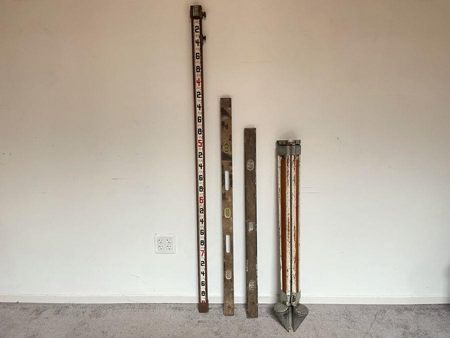 Surveyors Lenker Self Computing Rod, Pair Of Vintage Levels And Old Surveyor Tripod [Photo 5]