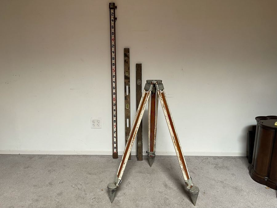 Surveyors Lenker Self Computing Rod, Pair Of Vintage Levels And Old Surveyor Tripod [Photo 12]