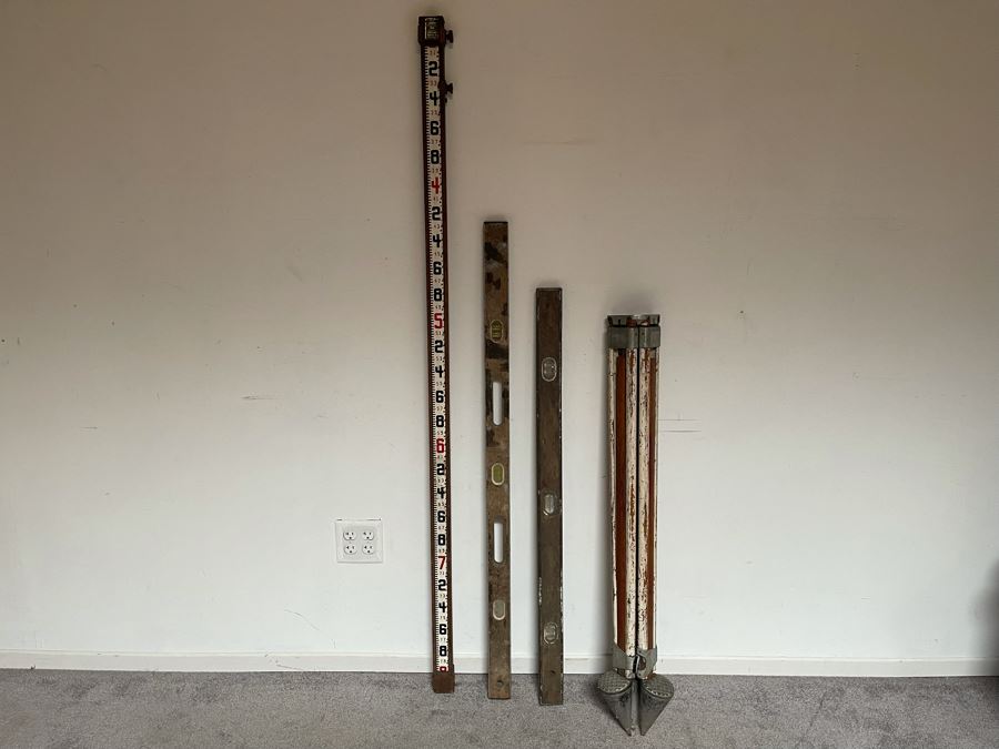 Surveyors Lenker Self Computing Rod, Pair Of Vintage Levels And Old Surveyor Tripod [Photo 4]