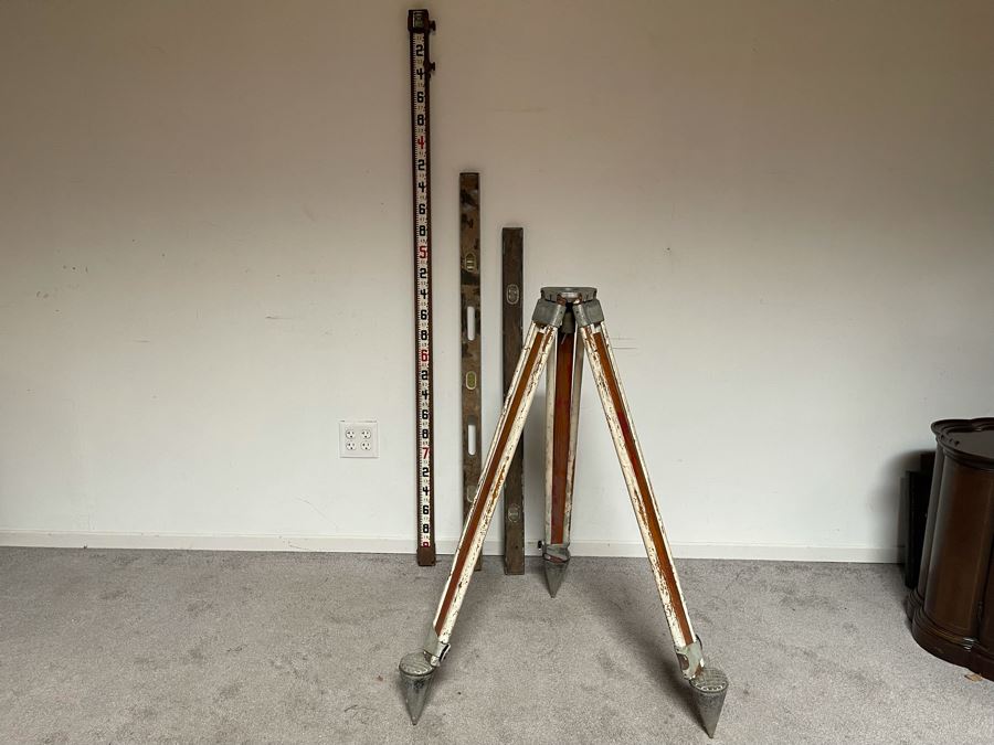 Surveyors Lenker Self Computing Rod, Pair Of Vintage Levels And Old Surveyor Tripod [Photo 2]