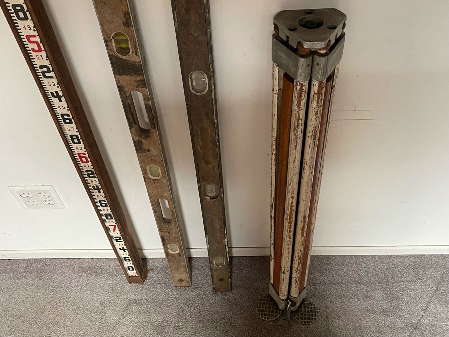 Surveyors Lenker Self Computing Rod, Pair Of Vintage Levels And Old Surveyor Tripod [Photo 9]