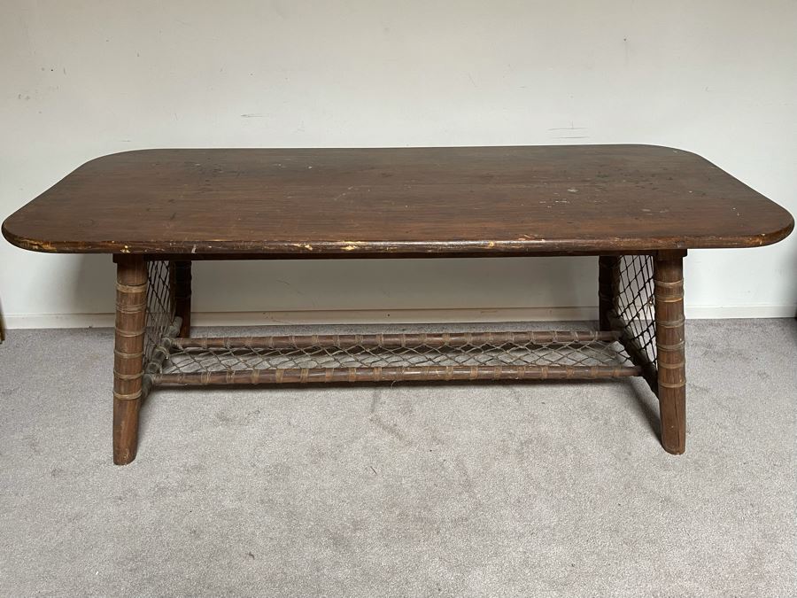 Vintage Snowshoe Desk Table With Two Drawers Featuring Rawhide Lacing [Photo 3]