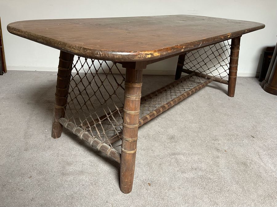 Vintage Snowshoe Desk Table With Two Drawers Featuring Rawhide Lacing [Photo 2]