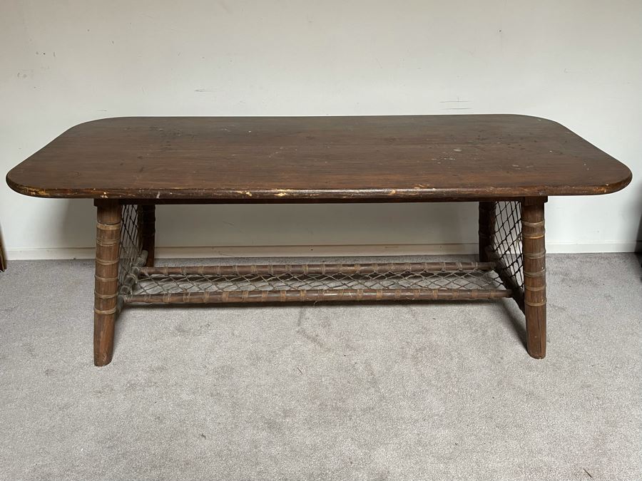 Vintage Snowshoe Desk Table With Two Drawers Featuring Rawhide Lacing [Photo 1]