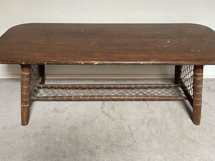 Vintage Snowshoe Desk Table With Two Drawers Featuring Rawhide Lacing [Photo 4]
