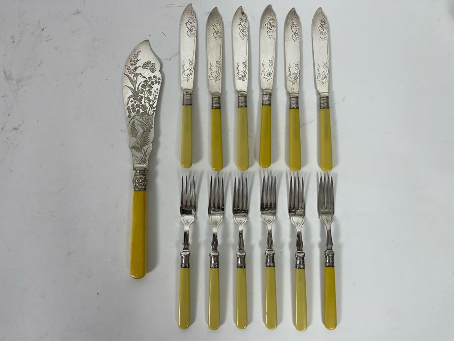 Vintage Chased Knife And Fork Set With Sterling Handles [Photo 2]