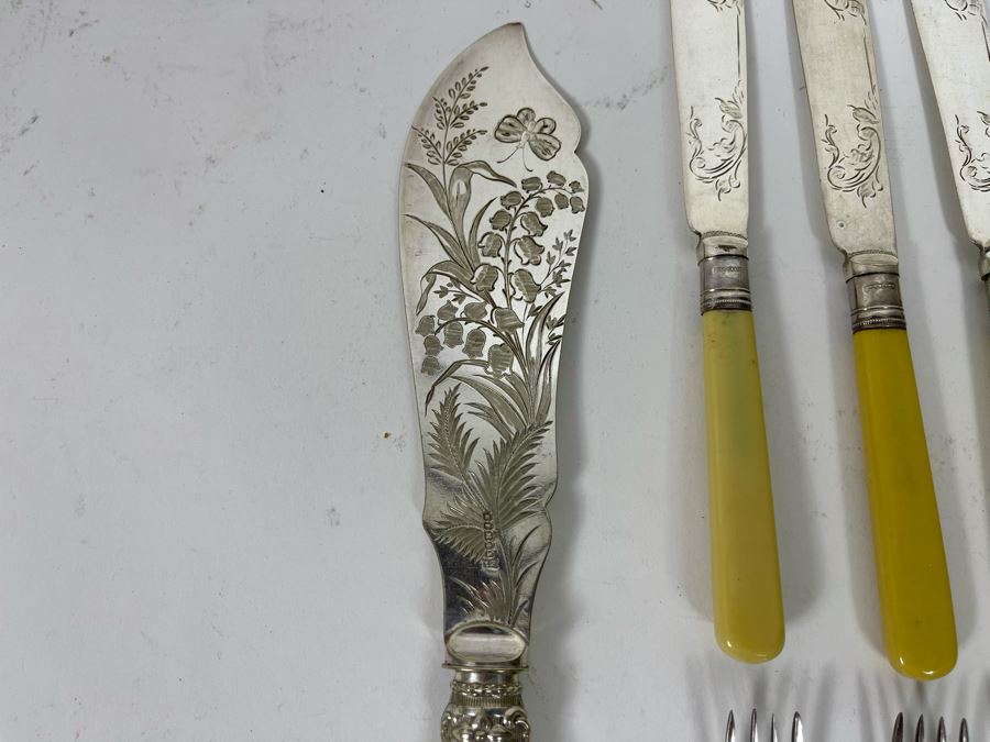 Vintage Chased Knife And Fork Set With Sterling Handles [Photo 3]
