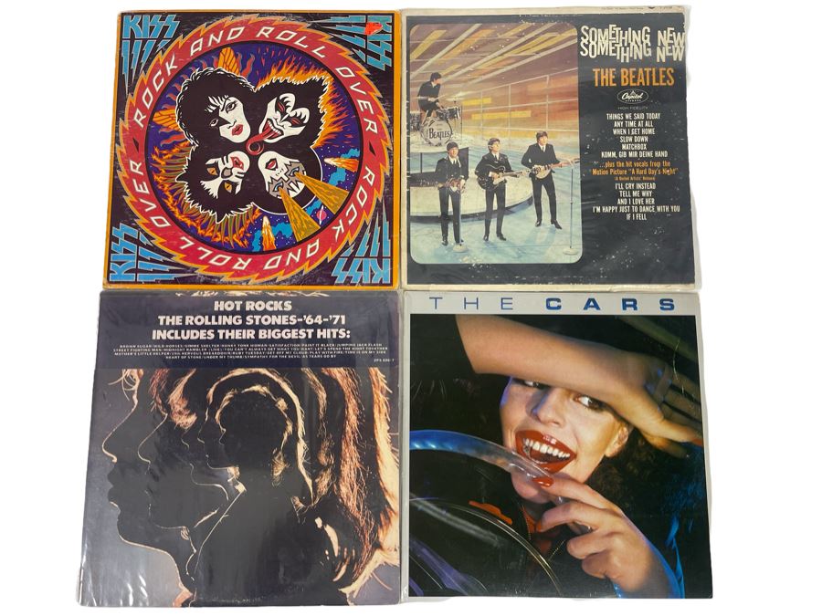 (4) Vinyl Records: Kiss, The Beatles, The Rolling Stones And The Cars
