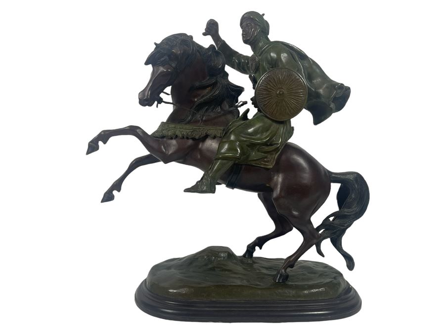 Large Signed Bronze Sculpture Of Man With Shield Riding Horse 22W X 9D X 22H [Photo 1]