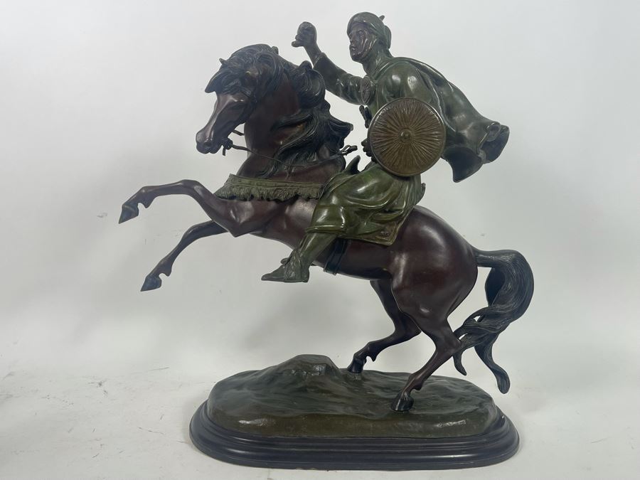 Large Signed Bronze Sculpture Of Man With Shield Riding Horse 22W X 9D X 22H [Photo 4]