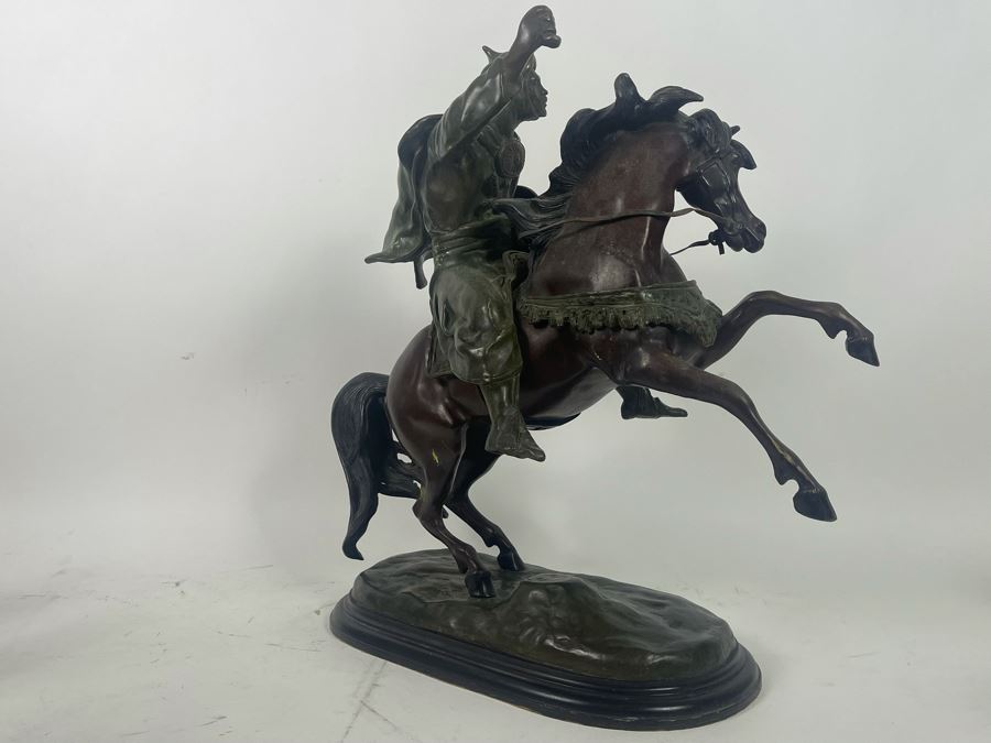 Large Signed Bronze Sculpture Of Man With Shield Riding Horse 22W X 9D X 22H [Photo 11]