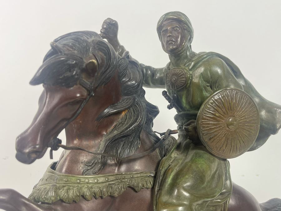 Large Signed Bronze Sculpture Of Man With Shield Riding Horse 22W X 9D X 22H [Photo 6]