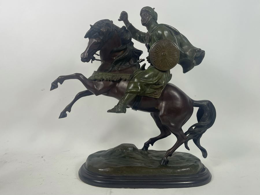 Large Signed Bronze Sculpture Of Man With Shield Riding Horse 22W X 9D X 22H [Photo 2]