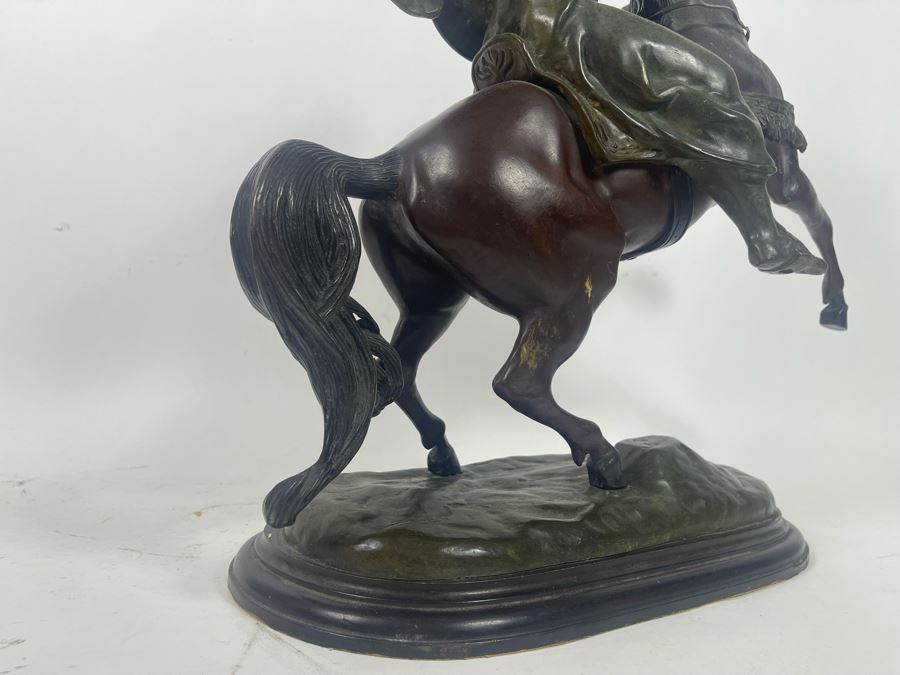 Large Signed Bronze Sculpture Of Man With Shield Riding Horse 22W X 9D X 22H [Photo 16]