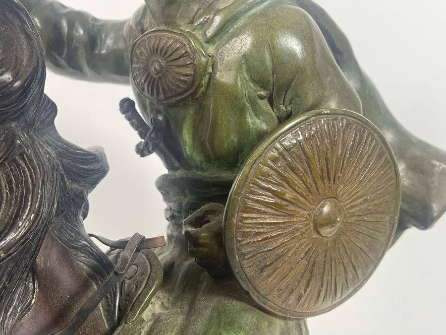 Large Signed Bronze Sculpture Of Man With Shield Riding Horse 22W X 9D X 22H [Photo 7]