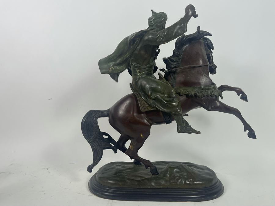 Large Signed Bronze Sculpture Of Man With Shield Riding Horse 22W X 9D X 22H [Photo 12]