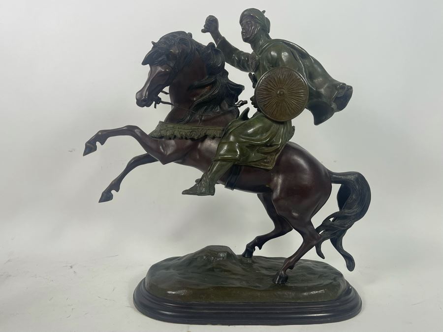 Large Signed Bronze Sculpture Of Man With Shield Riding Horse 22W X 9D X 22H [Photo 3]