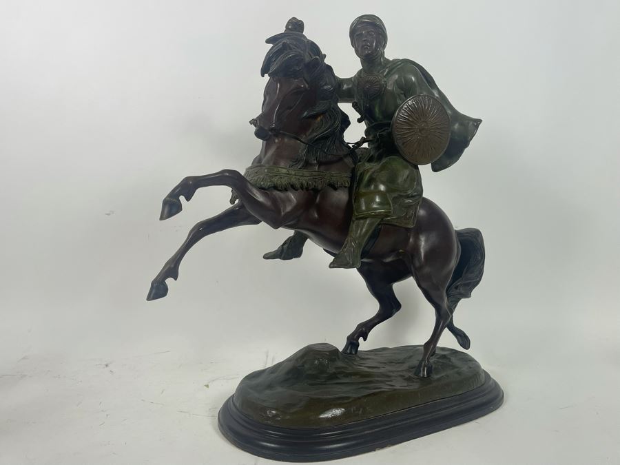 Large Signed Bronze Sculpture Of Man With Shield Riding Horse 22W X 9D X 22H [Photo 5]