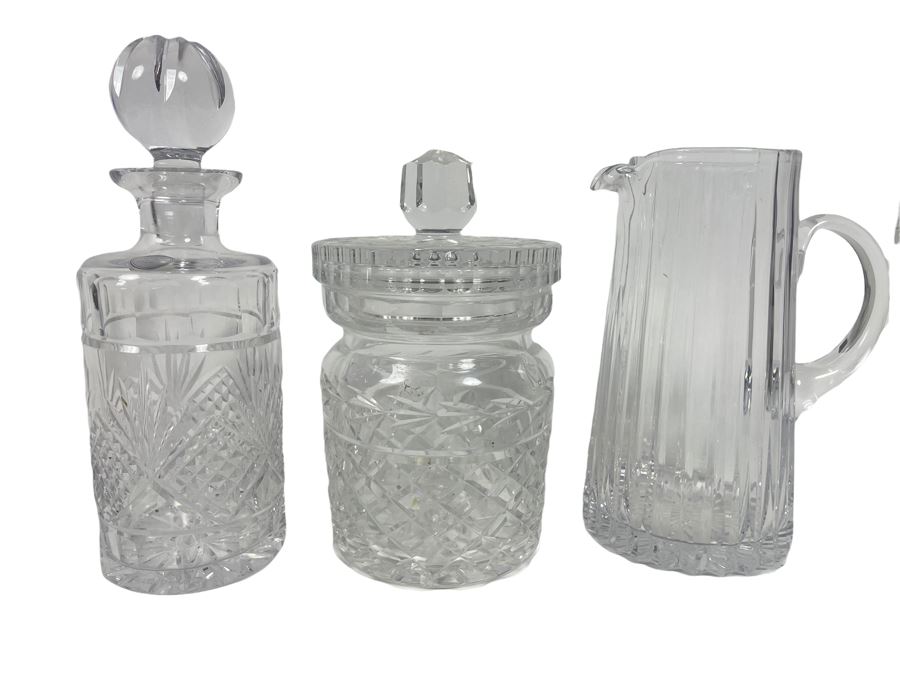 Waterford Crystal Biscuit Barrel Jar (Center), Crystal Pitcher And Crystal Decanter [Photo 1]