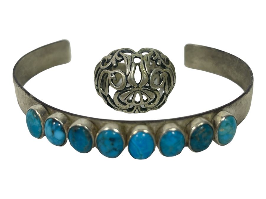 Sterling Silver Ring Size 8.5 And Sterling Silver Turquoise Bracelet