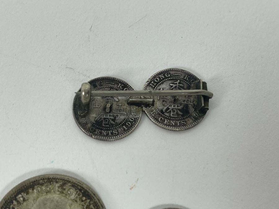 Various Silver Coins And Old 1904 Hong Kong Five Cents Coin Brooch Pin [Photo 6]