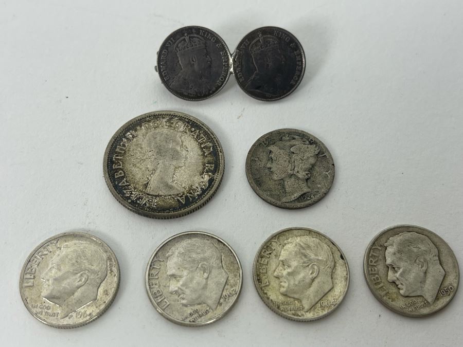 Various Silver Coins And Old 1904 Hong Kong Five Cents Coin Brooch Pin [Photo 2]