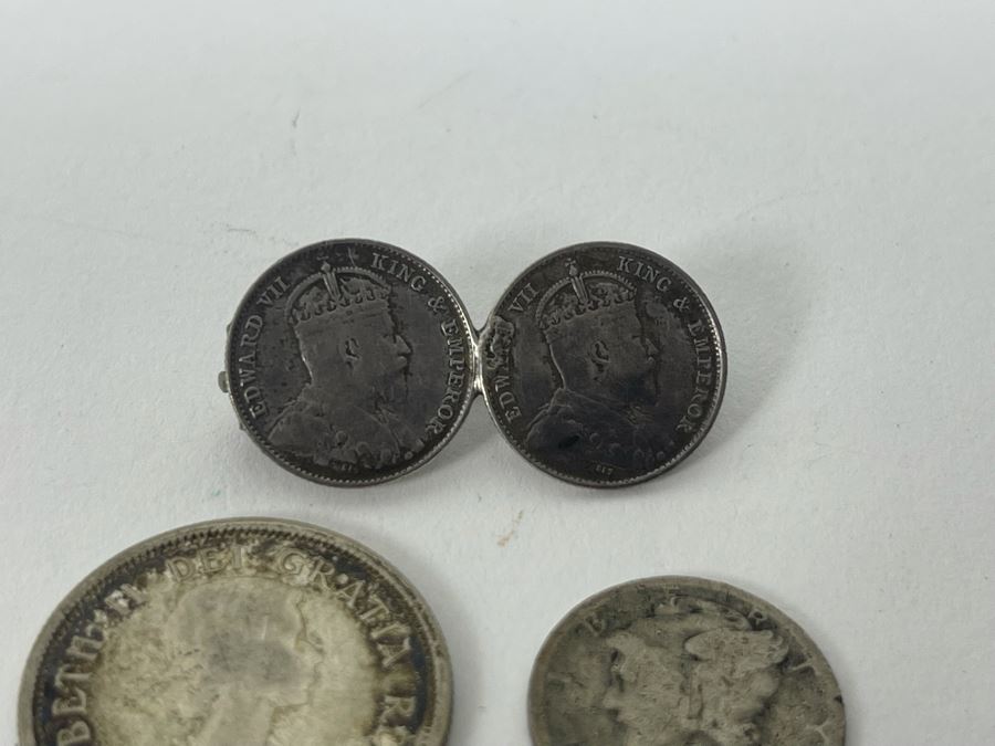 Various Silver Coins And Old 1904 Hong Kong Five Cents Coin Brooch Pin [Photo 5]