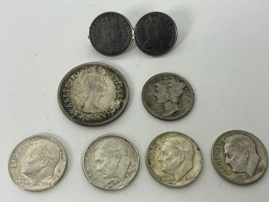 Various Silver Coins And Old 1904 Hong Kong Five Cents Coin Brooch Pin [Photo 3]