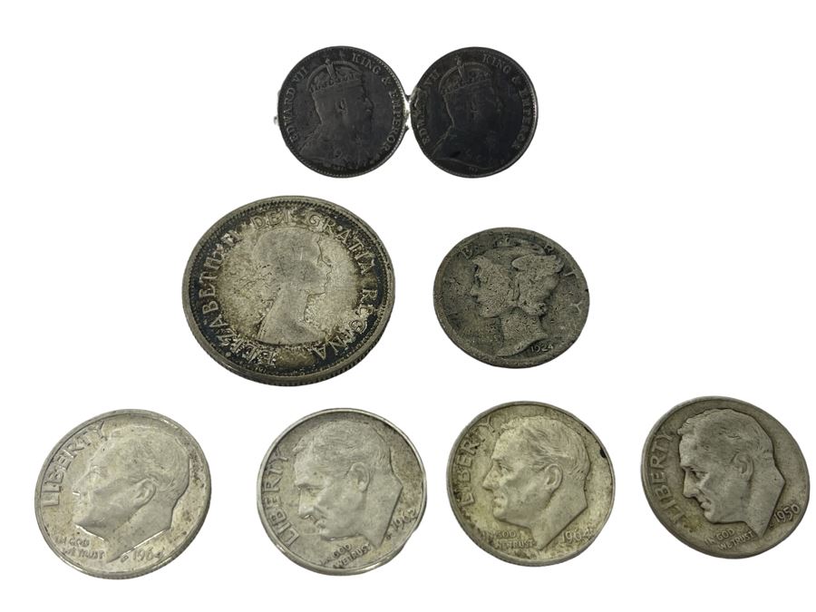 Various Silver Coins And Old 1904 Hong Kong Five Cents Coin Brooch Pin [Photo 1]