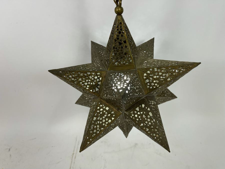 Vintage Pierced Brass Star Pendant Light Fixture 16W With 138L Chain Cord [Photo 2]