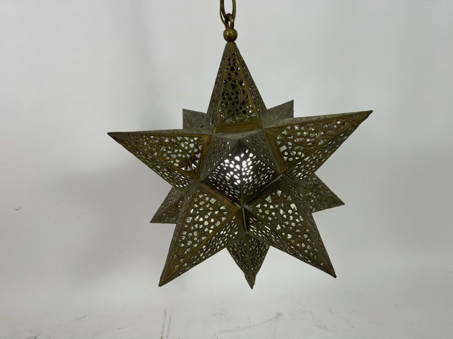 Vintage Pierced Brass Star Pendant Light Fixture 16W With 138L Chain Cord [Photo 4]