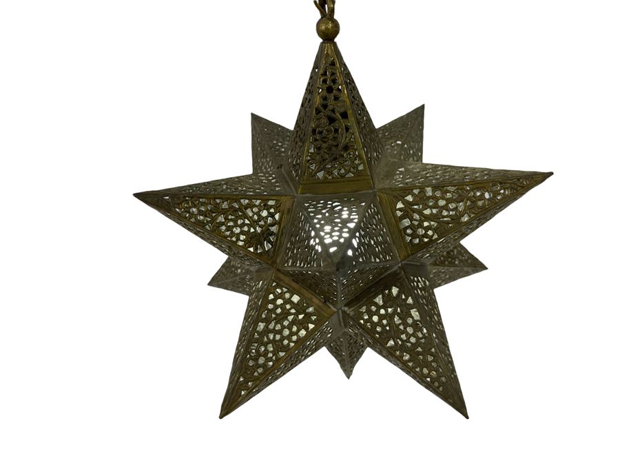 Vintage Pierced Brass Star Pendant Light Fixture 16W With 138L Chain Cord [Photo 1]