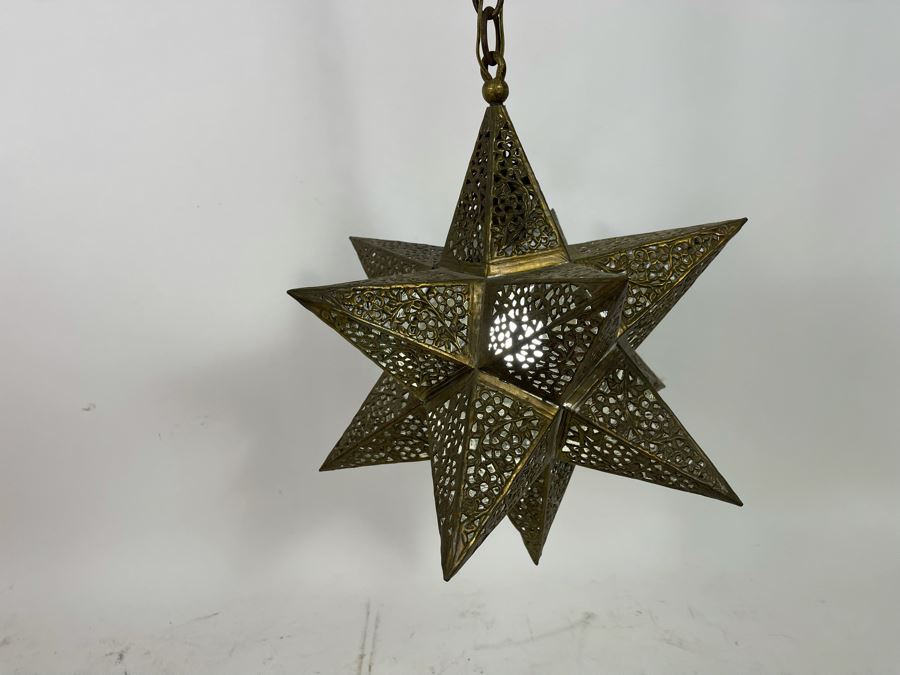 Vintage Pierced Brass Star Pendant Light Fixture 16W With 138L Chain Cord [Photo 5]