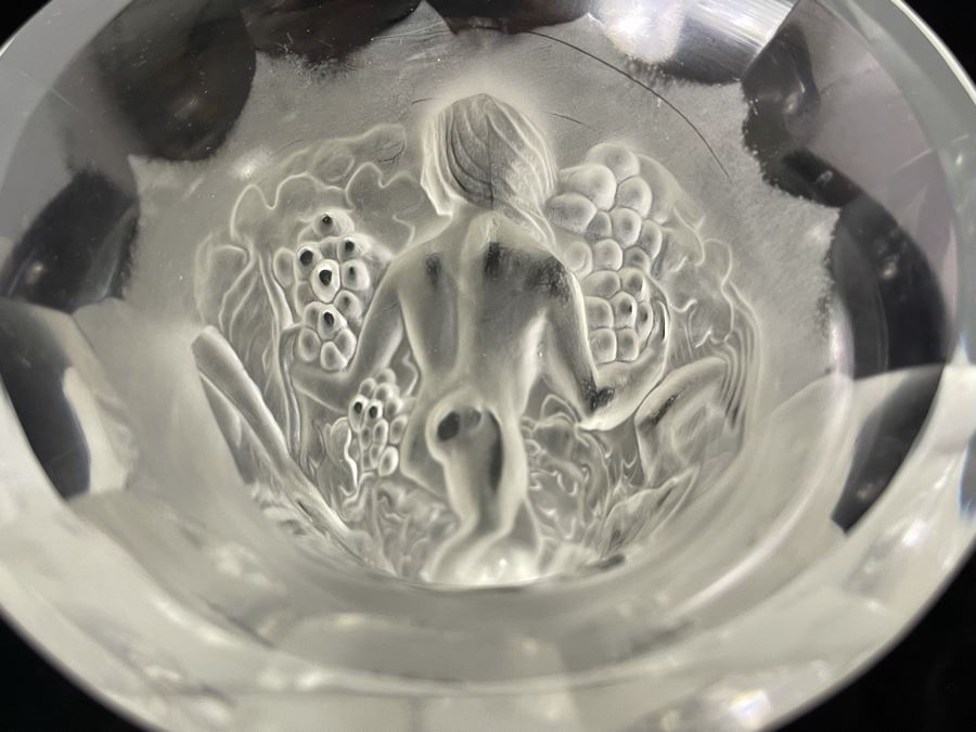 Czech Art Deco Frosted Crystal Relief Vase In Lalique Style Depicting Nude Figures, Grapes And Vine Leaves 8.5H X 4.5W [Photo 2]