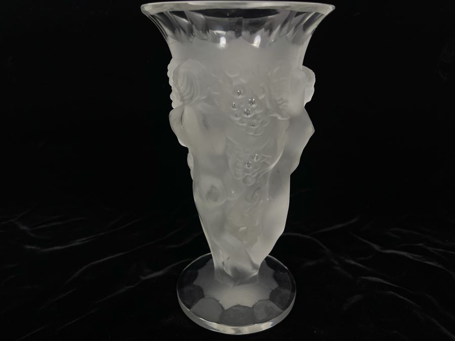 Czech Art Deco Frosted Crystal Relief Vase In Lalique Style Depicting Nude Figures, Grapes And Vine Leaves 8.5H X 4.5W [Photo 6]