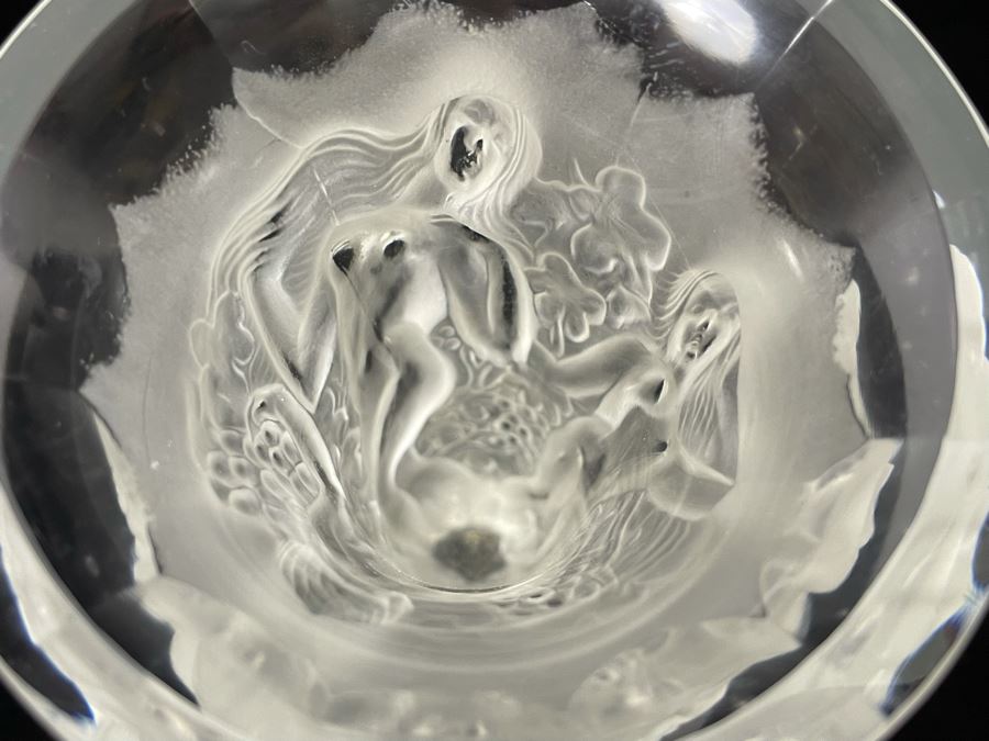 Czech Art Deco Frosted Crystal Relief Vase In Lalique Style Depicting Nude Figures, Grapes And Vine Leaves 8.5H X 4.5W [Photo 14]