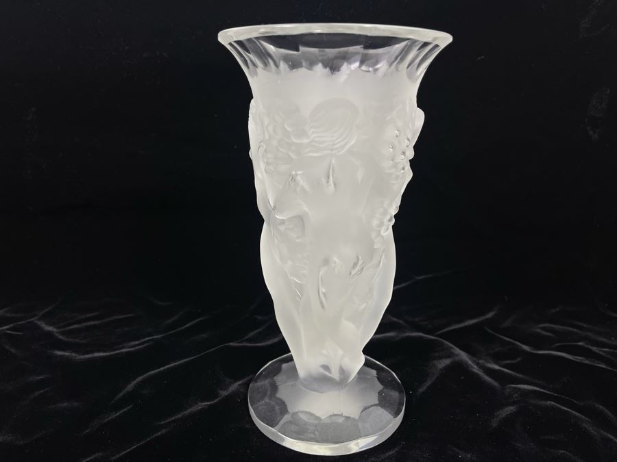 Czech Art Deco Frosted Crystal Relief Vase In Lalique Style Depicting Nude Figures, Grapes And Vine Leaves 8.5H X 4.5W [Photo 9]